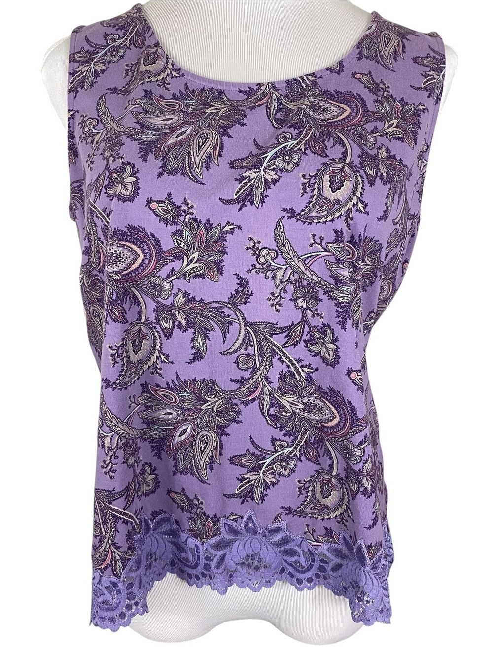 Coldwater Creek Womens XL Tank Top Paisley Lace Trim Round Neck Lavender